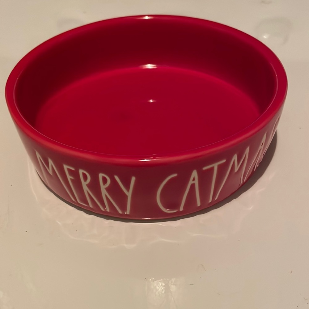 Rae Dunn Cat dish bowl red white artisan collection magenta Merry catmas